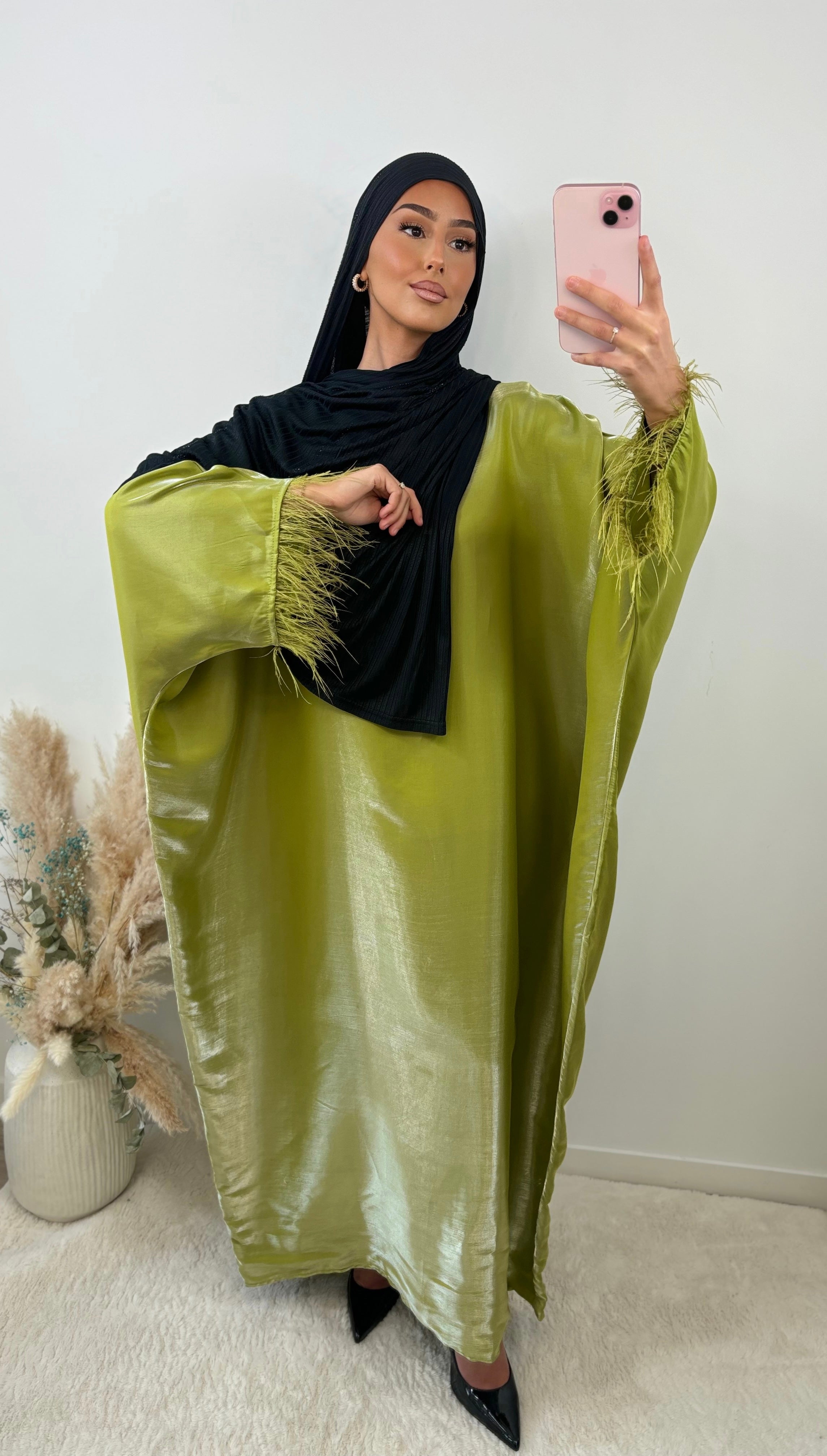 abaya saoudienne à plume organza - vert olive