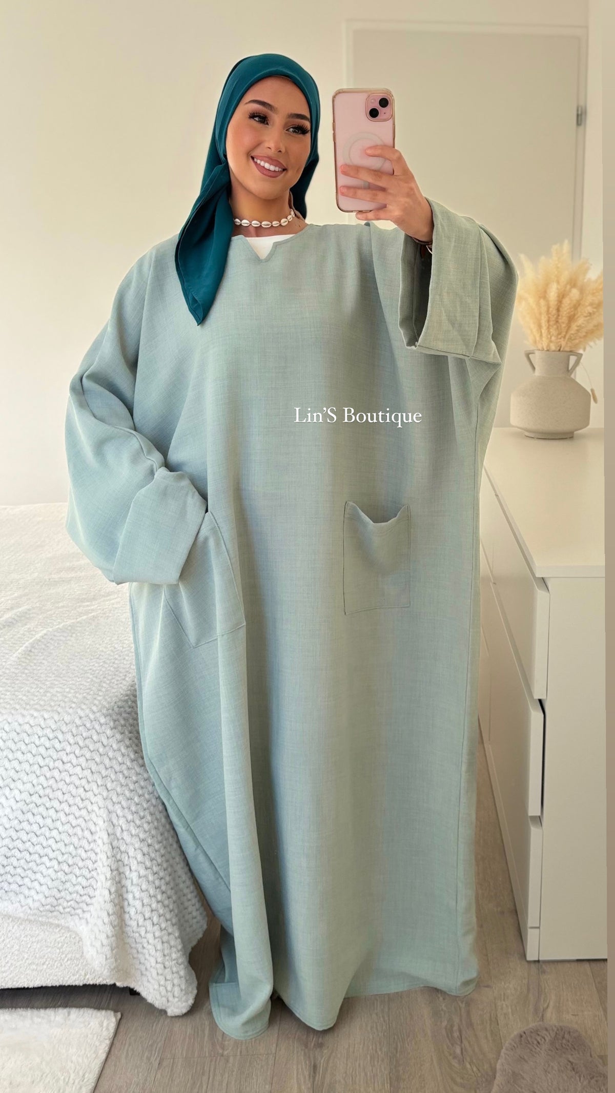 Leinen-Abaya mit Tasche - Wassergrün