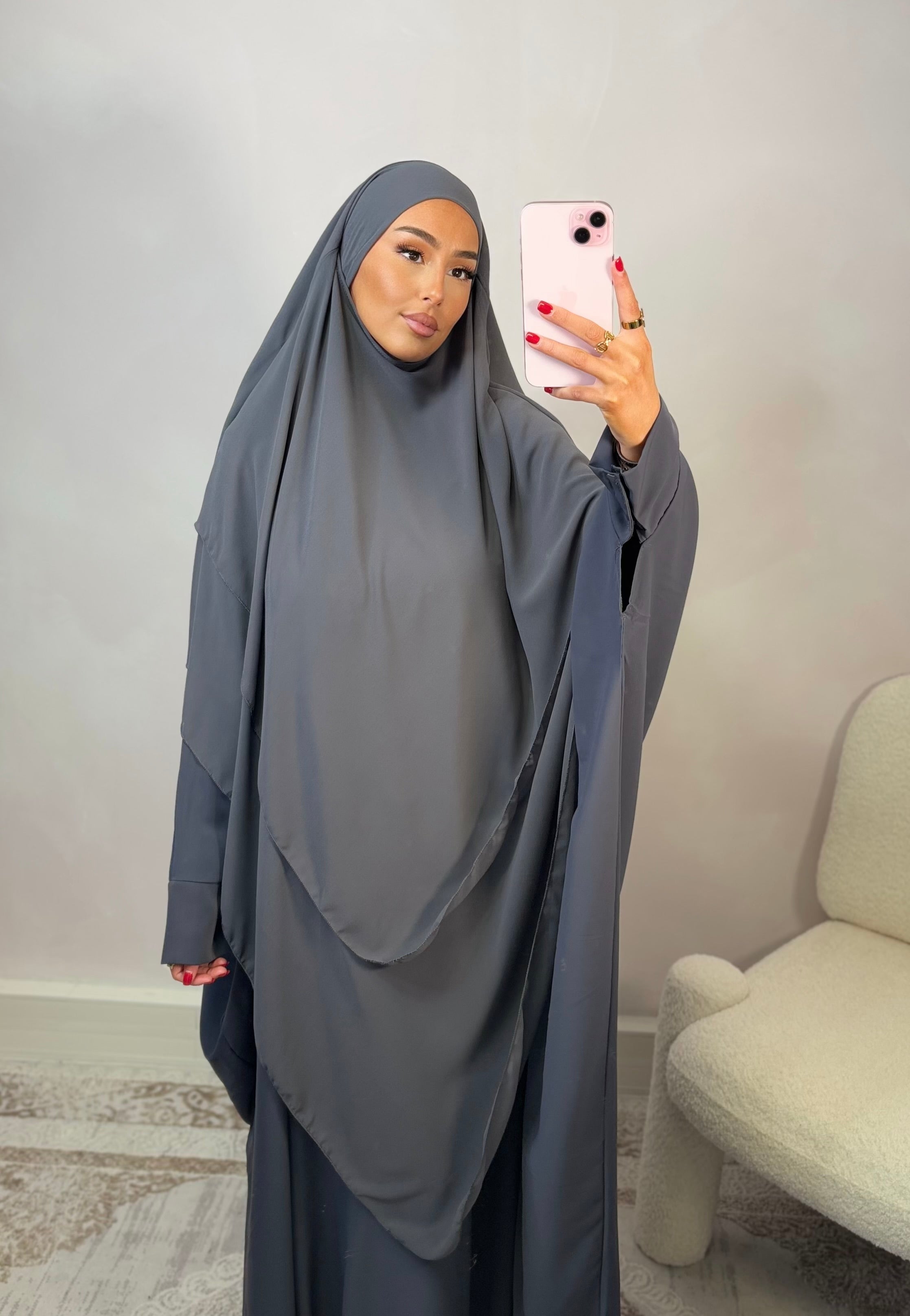Khimar 3 voiles en mousline -gris anthracite