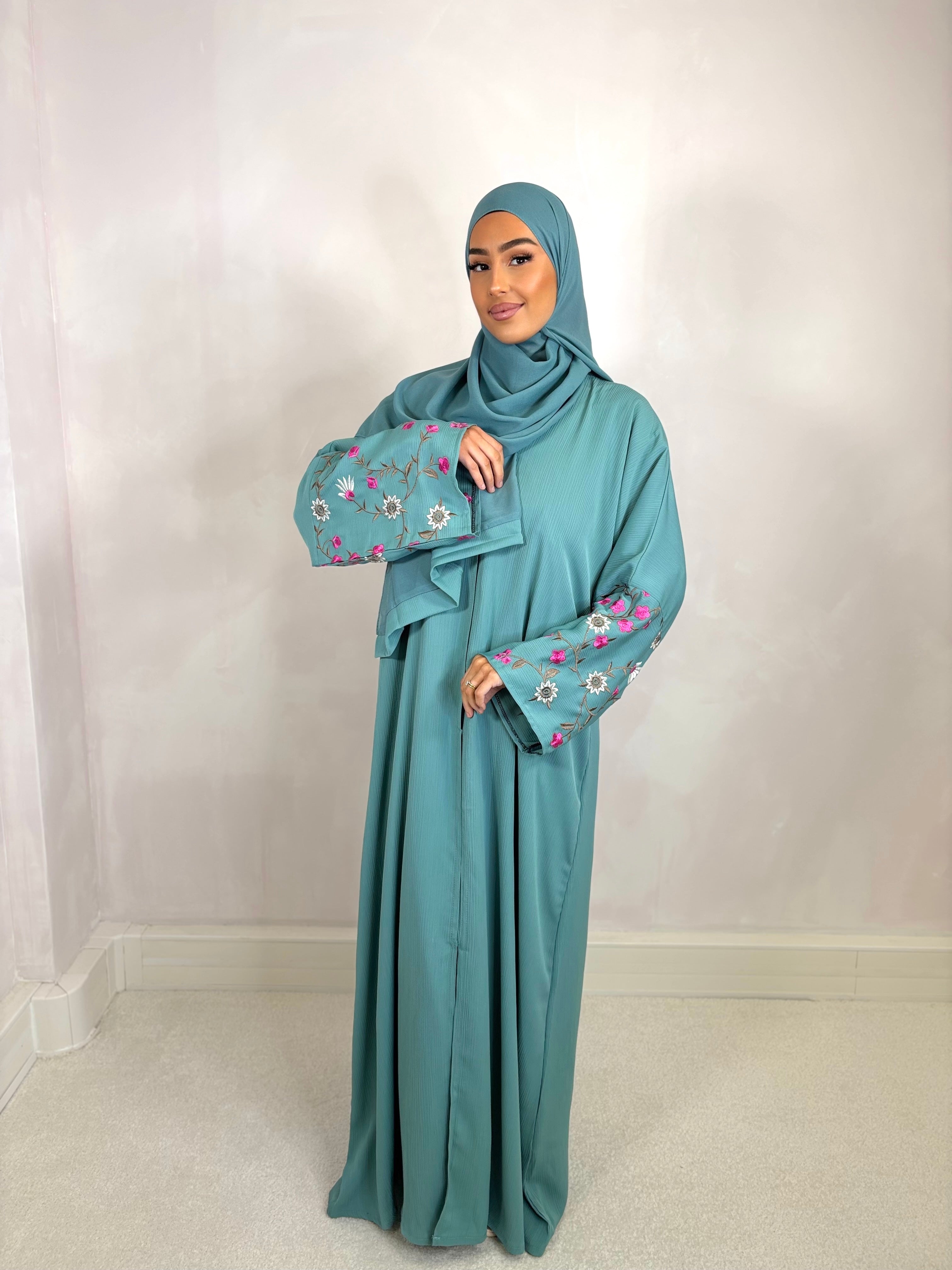 Abaya de Dubai FLORA (n40) - vert d’eau