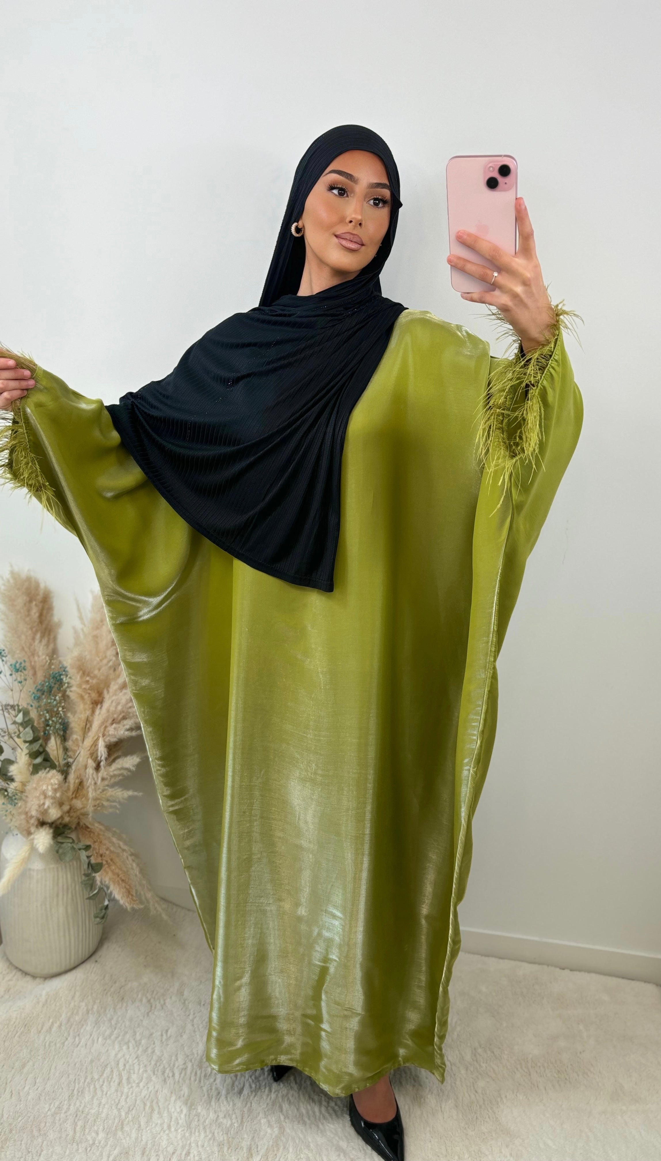 abaya saoudienne à plume organza - vert olive