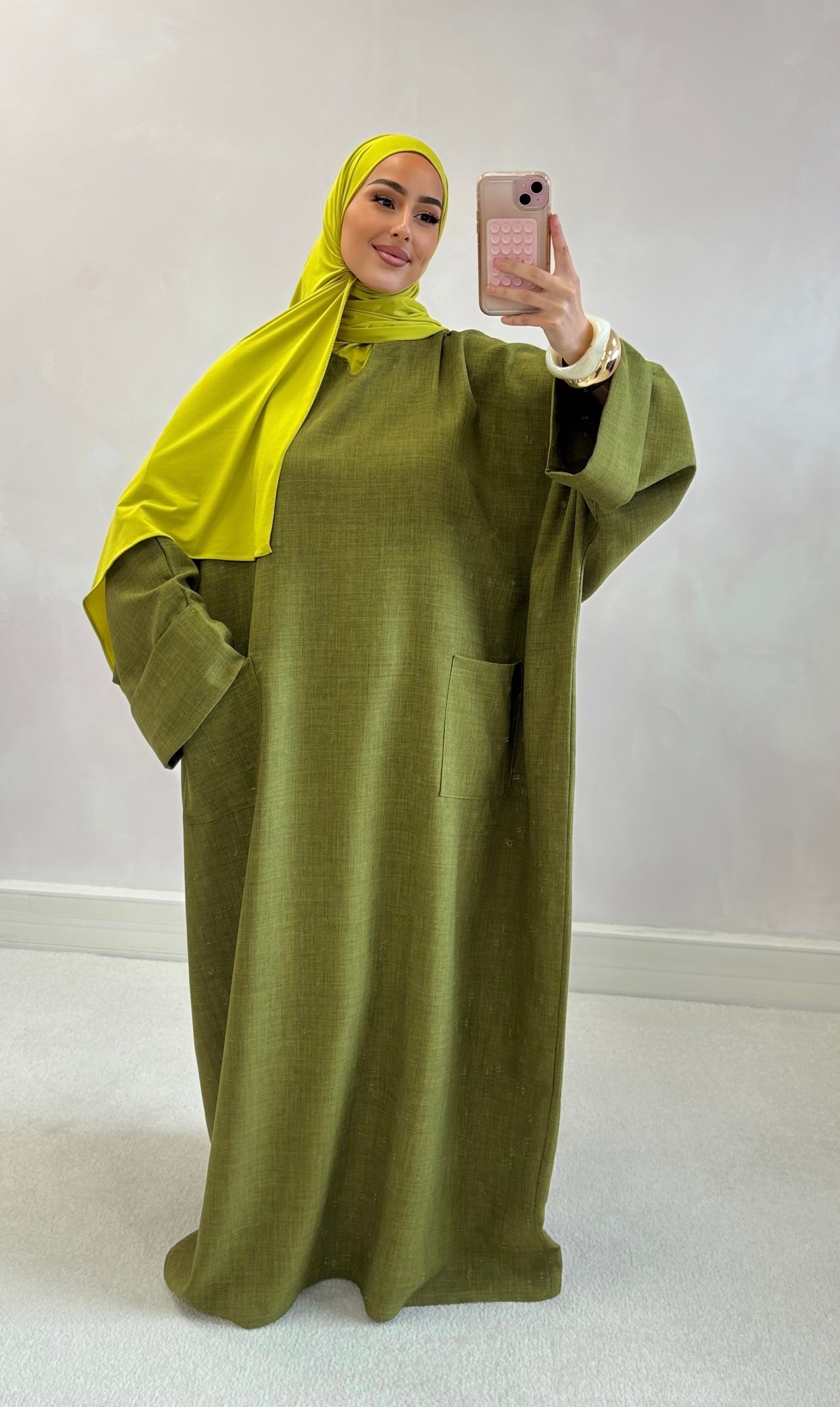 Abaya poche lin - vert olive