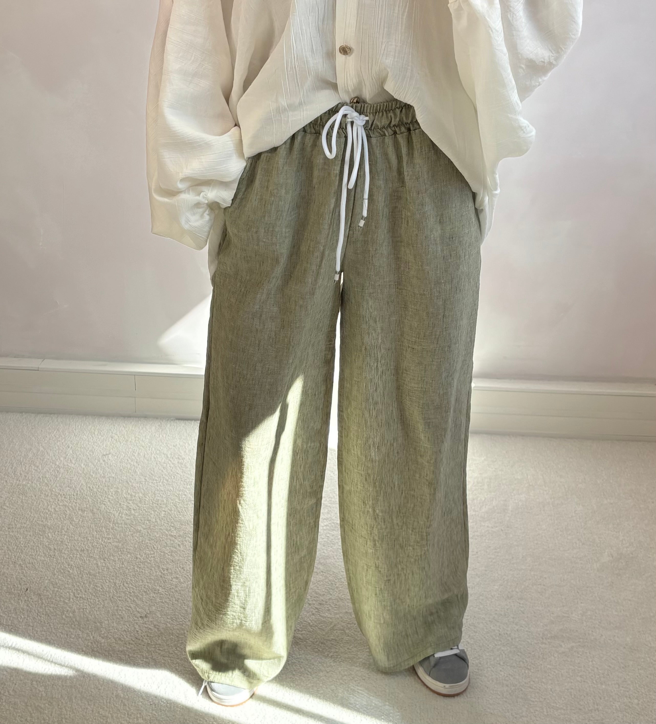 Pantalon effet lin - pistache