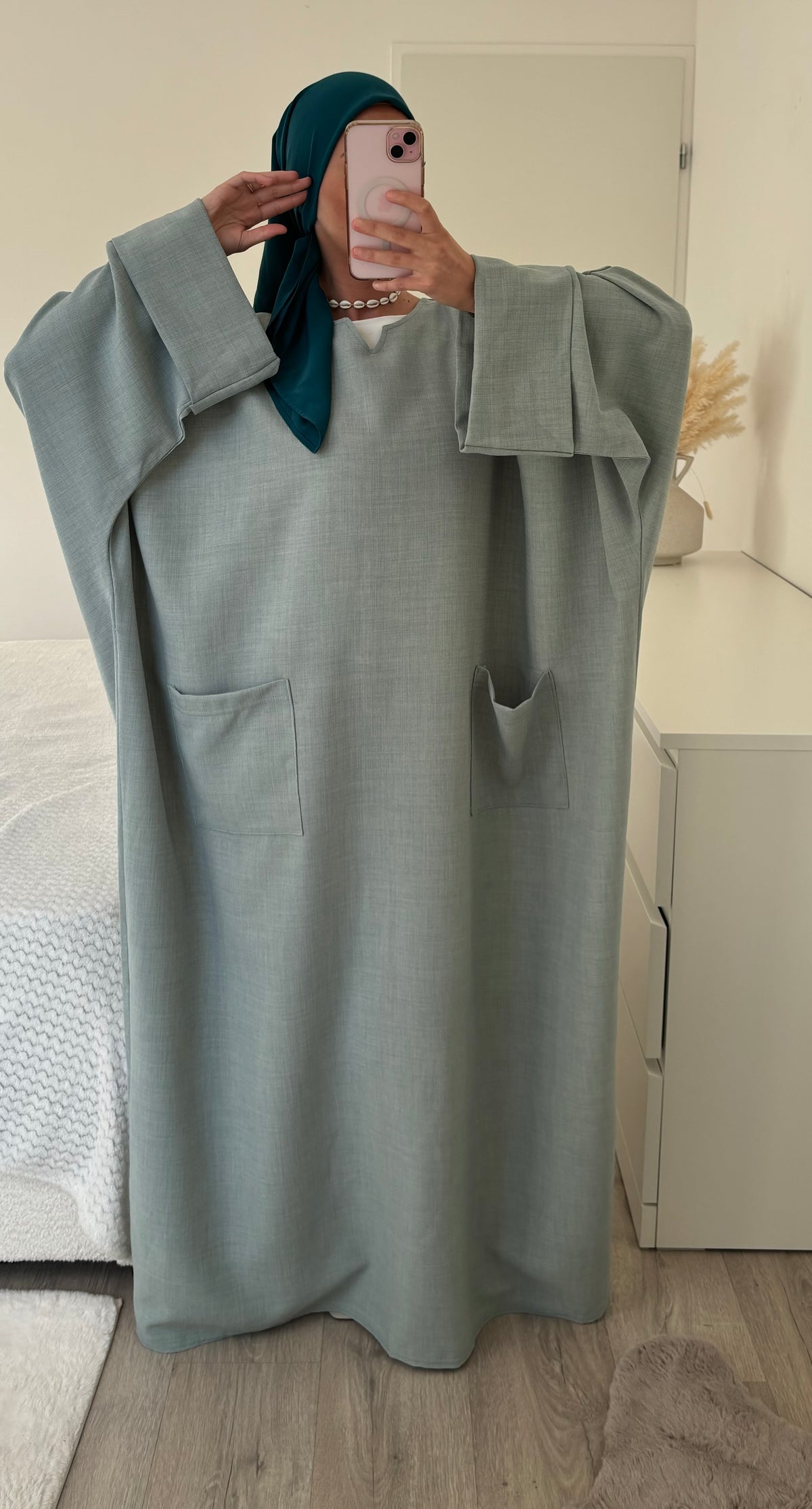 Leinen-Abaya mit Tasche - Wassergrün