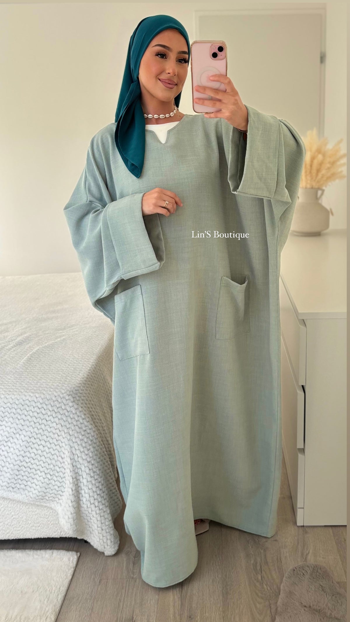Leinen-Abaya mit Tasche - Wassergrün