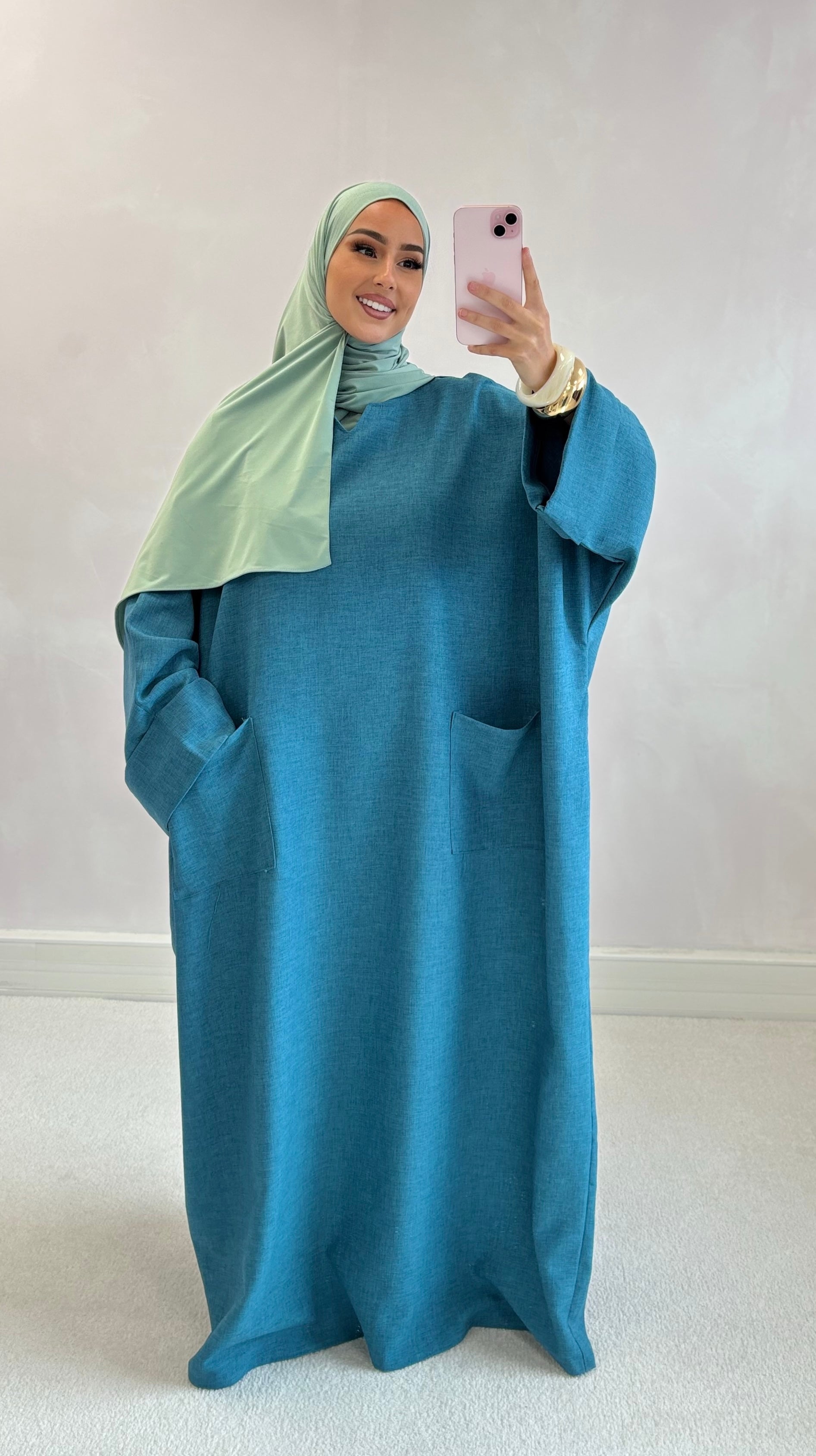 Abaya poche lin - turquoise