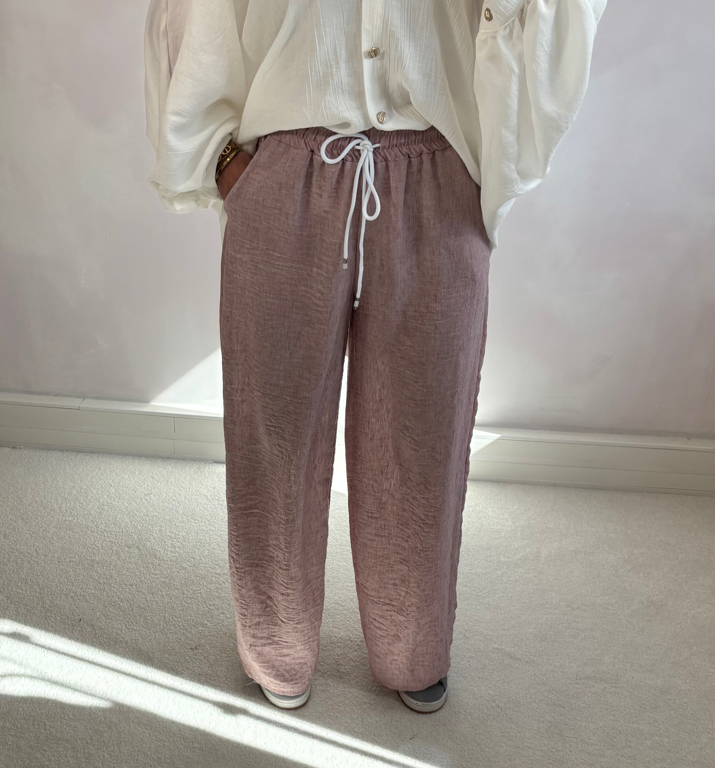 Pantalon effet lin - vieux rose